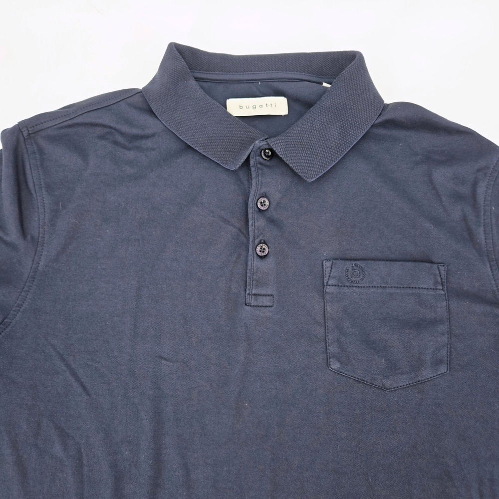 Bugatti Men's Long Sleeve Polo XL Navy Blue Piqué‎ Pocket Shirt Cotton Blend